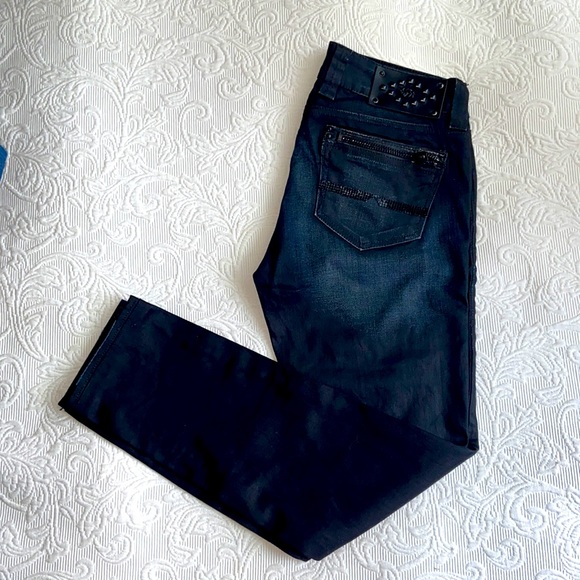 Buffalo LowRise Rocker black Stretch straight leg Jeans 28 rips black rhinestone - Picture 2 of 9